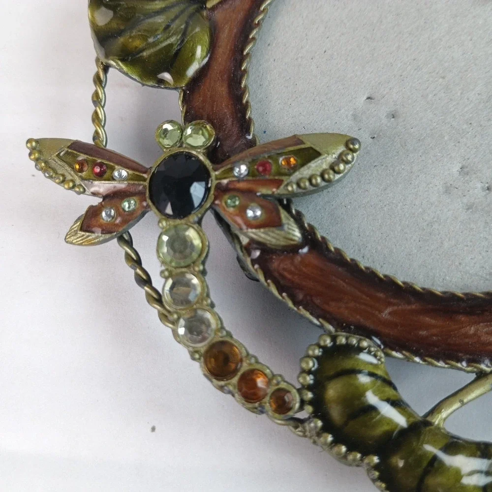 VTG Enameled Metal Jeweled Flowers Dragonflies Round Picture Photo Frame Boho